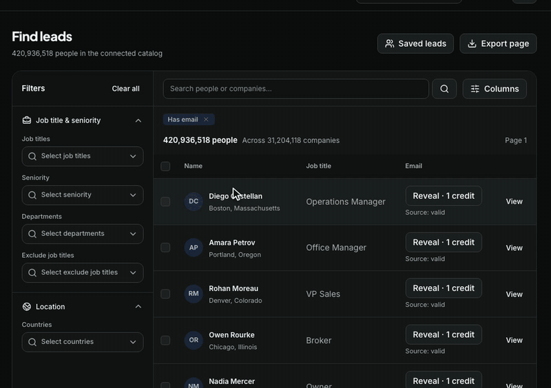 Sendsets Find leads screen