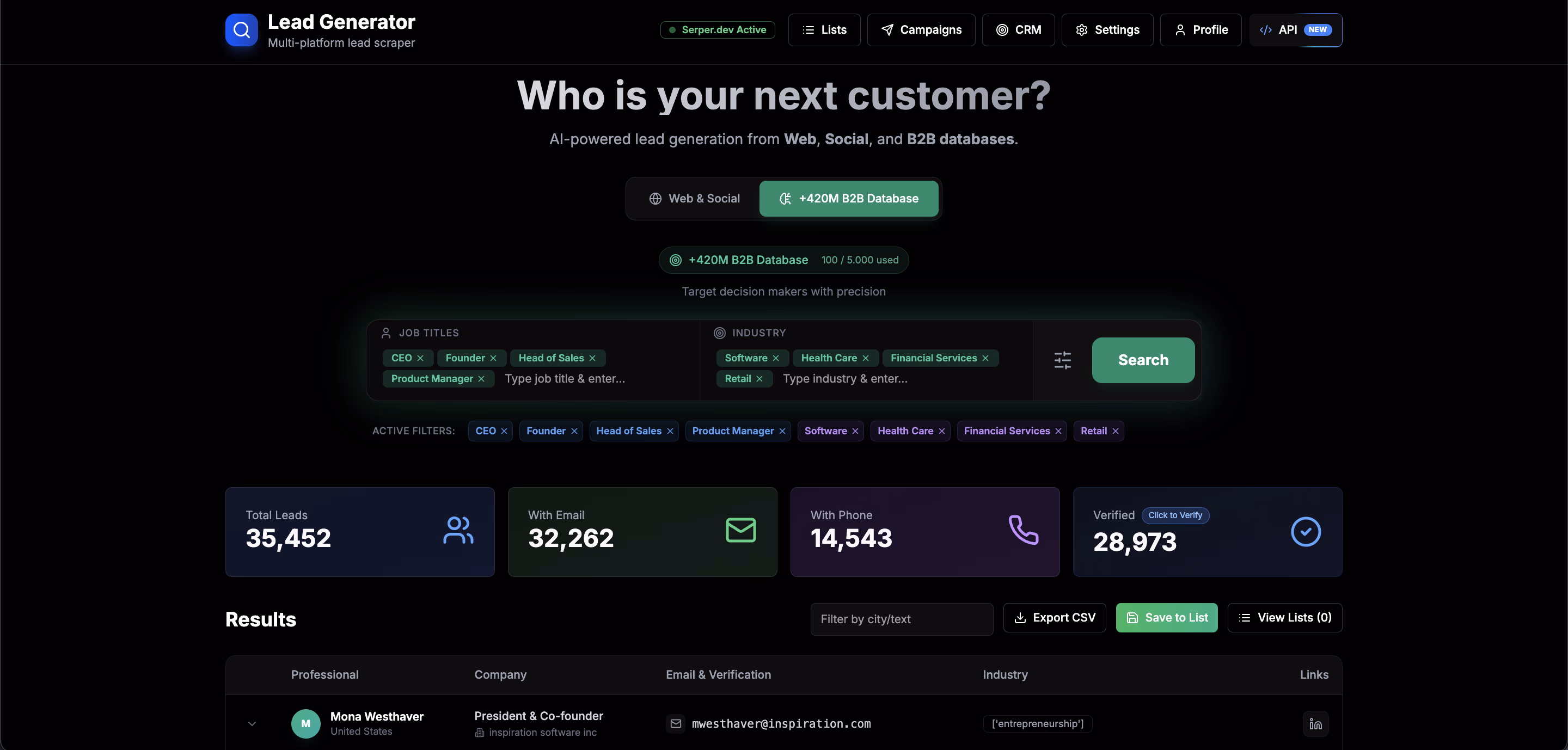 Sendsets dashboard: B2B lead search, verification and cold email campaigns in one interface